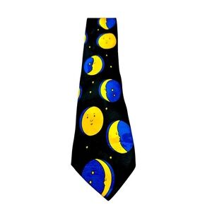 VINTAGE 90s SURREY BLACK YELLOW BLUE MOON STAR NECKTIE TIE SATIN CELESTIAL SPACE
